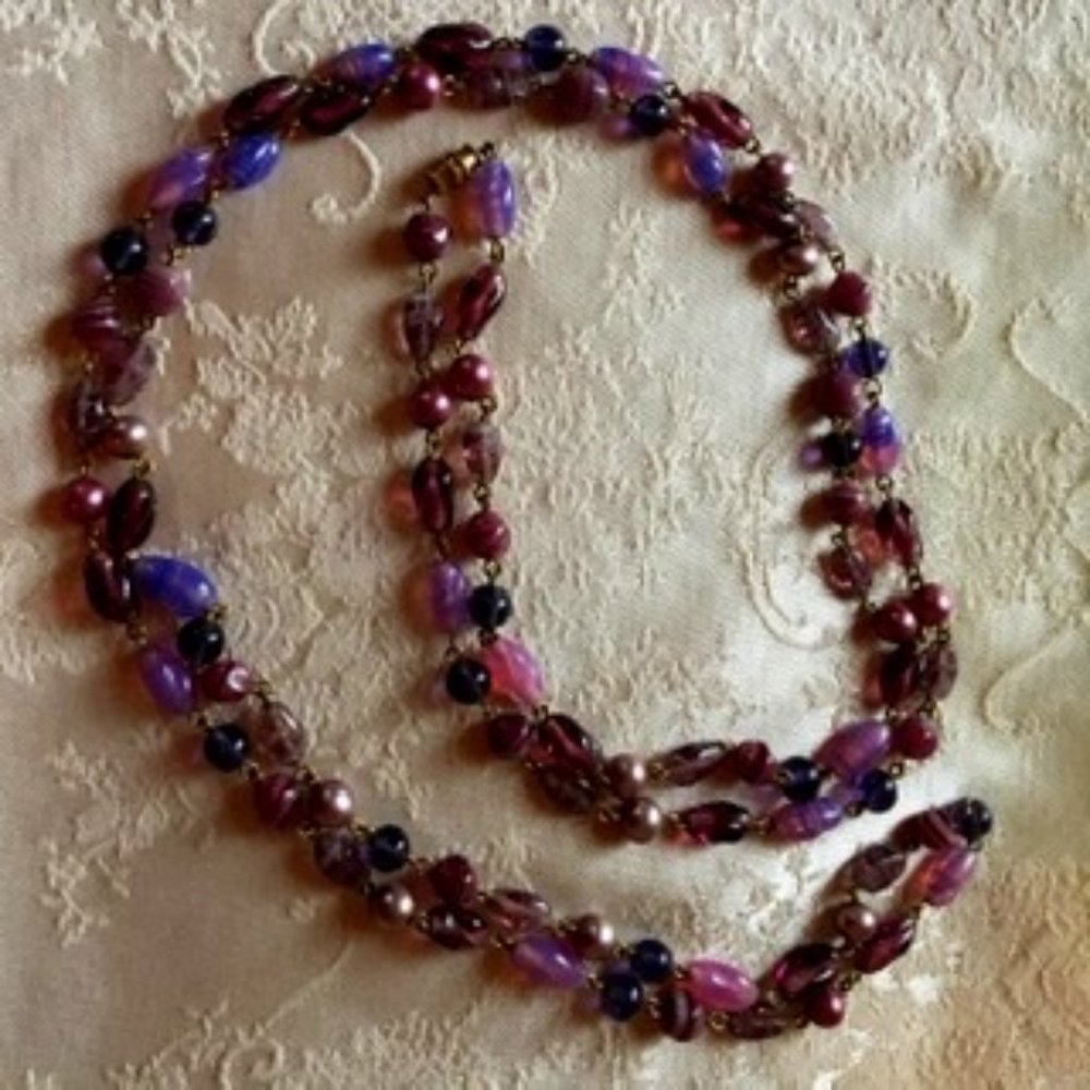 Art Deco Flapper Venetian Purple/Pink/Blue Glass Bead Necklace on Link Chain